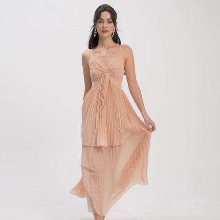 Rosa Pink Pleated Tiered Midi Dress Olympe