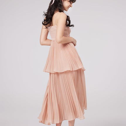 Rosa Pink Pleated Tiered Midi Dress Olympe