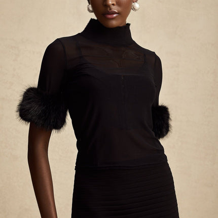 Rosalba Black Faux Fur Tulle and Faux Mink Fur Panelled Top