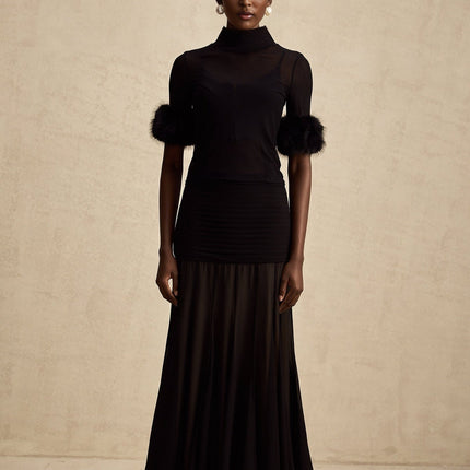 Rosalba Black Faux Fur Tulle and Faux Mink Fur Panelled Top