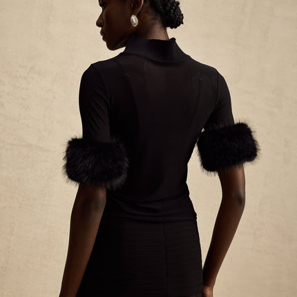 Rosalba Black Faux Fur Tulle and Faux Mink Fur Panelled Top