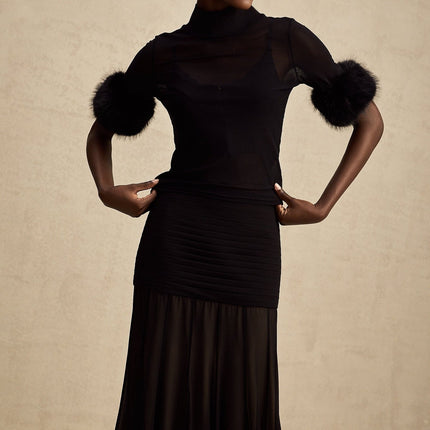 Rosalba Black Faux Fur Tulle and Faux Mink Fur Panelled Top