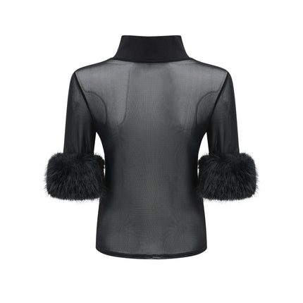 Rosalba Black Faux Fur Tulle and Faux Mink Fur Panelled Top