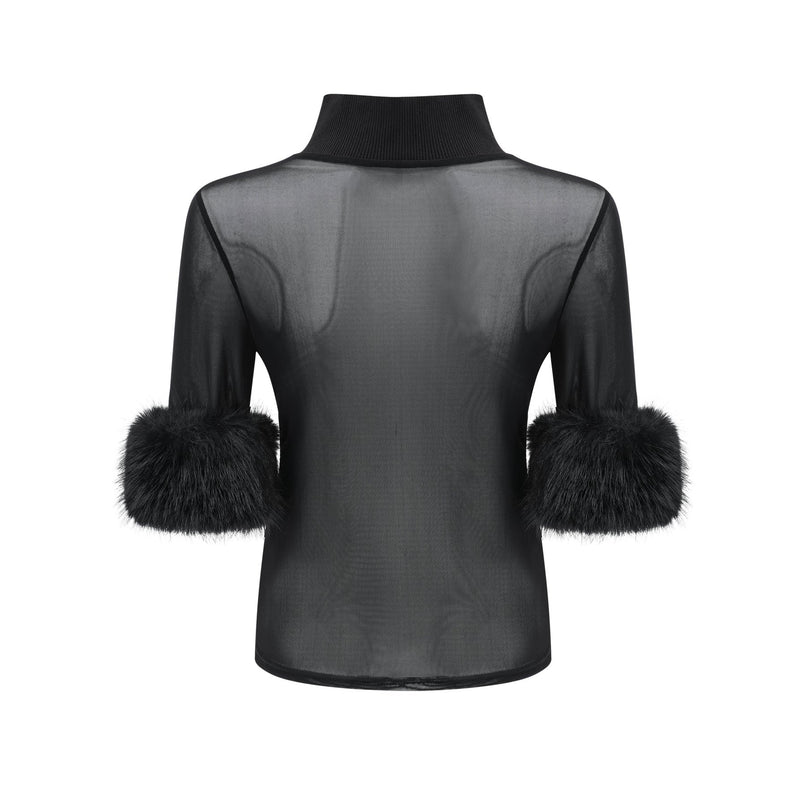 Rosalba Black Faux Fur Tulle and Faux Mink Fur Panelled Top