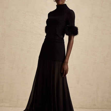 Rosalba Black Faux Fur Tulle and Faux Mink Fur Panelled Top