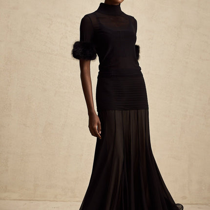 Rosalba Black Faux Fur Tulle and Faux Mink Fur Panelled Top