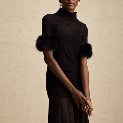 Rosalba Black Faux Fur Tulle and Faux Mink Fur Panelled Top