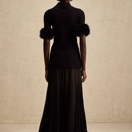 Rosalba Black Faux Fur Tulle and Faux Mink Fur Panelled Top