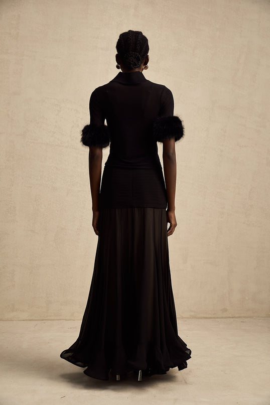Rosalba Black Faux Fur Tulle and Faux Mink Fur Panelled Top