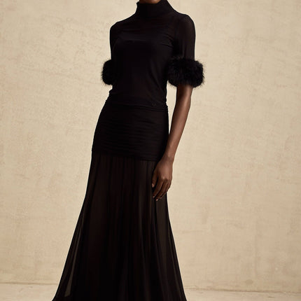 Rosalba Black Faux Fur Tulle and Faux Mink Fur Panelled Top