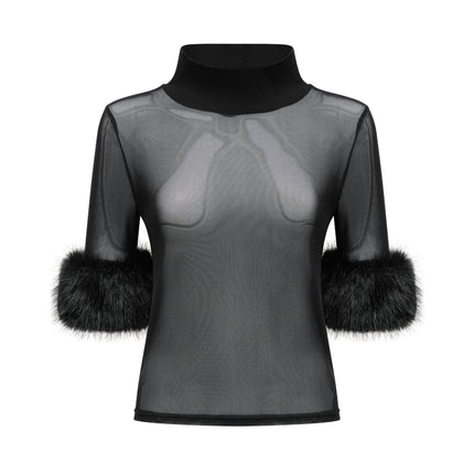 Rosalba Black Faux Fur Tulle and Faux Mink Fur Panelled Top