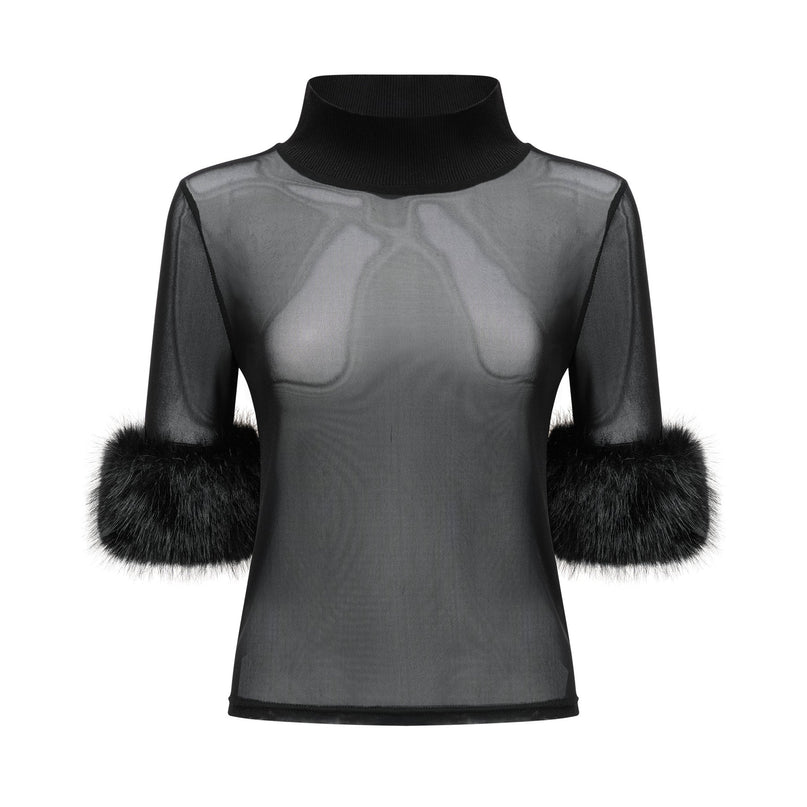 Rosalba Black Faux Fur Tulle and Faux Mink Fur Panelled Top
