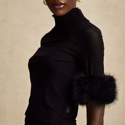 Rosalba Black Faux Fur Tulle and Faux Mink Fur Panelled Top with Cut-out Design and Mock Neck
