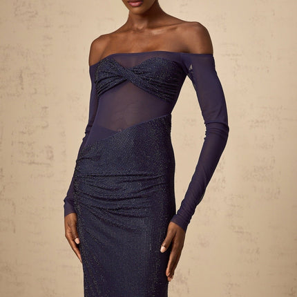 Rosalba Dark Blue Maxi Dress with Rhinestone Embellishments