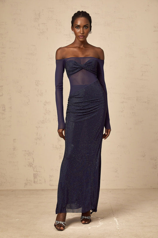 Rosalba Dark Blue Maxi Dress with Rhinestone Embellishments