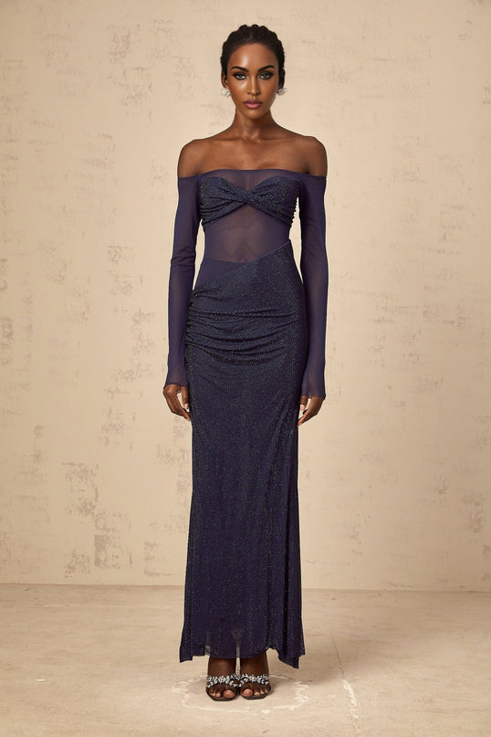 Rosalba Dark Blue Maxi Dress with Off-Shoulder Design and Rhinestone Embellishments
