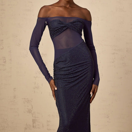 Rosalba Dark Blue Maxi Dress with Off-Shoulder Design and Rhinestone Embellishments
