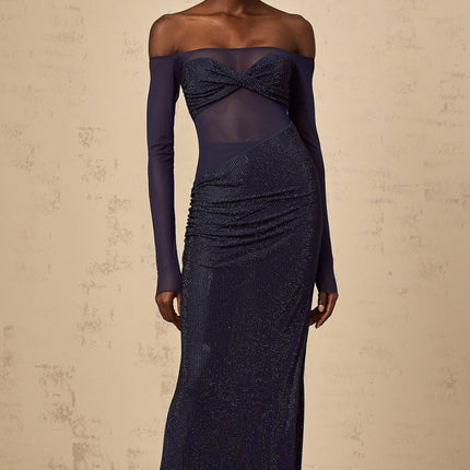 Rosalba Dark Blue Maxi Dress with Rhinestone Embellishments