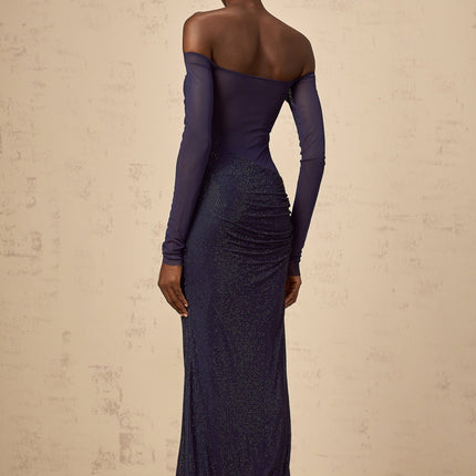 Rosalba Dark Blue Maxi Dress with Rhinestone Embellishments