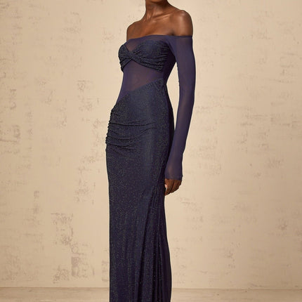Rosalba Dark Blue Maxi Dress with Rhinestone Embellishments