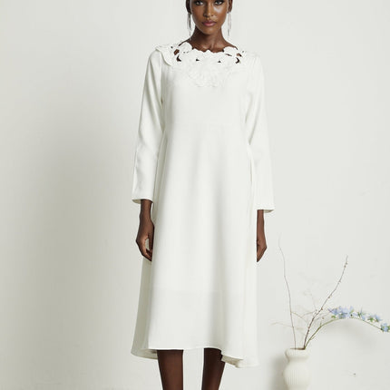 Rosalba White Floral Midi Dress A-line Silhouette Embroidery Cut-out Design Long Sleeves Rear Zip Fastening