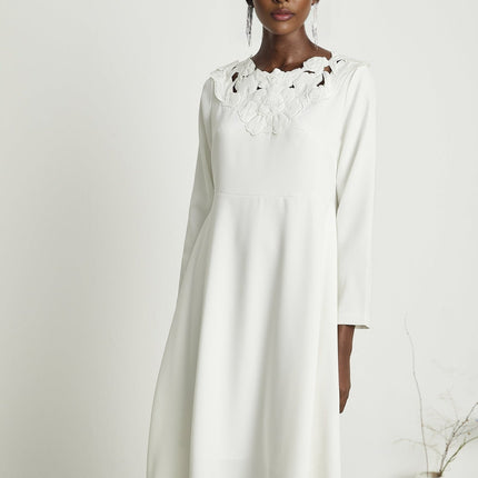 Rosalba White Floral Midi Dress A-line Embroidery Cut-out Long Sleeves Luxury Quality Viscose Terylene