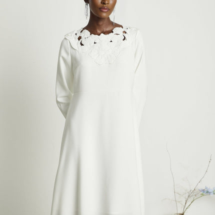 Rosalba White Floral Midi Dress A-Line Cut-Out Embroidery Long Sleeve Luxury Quality