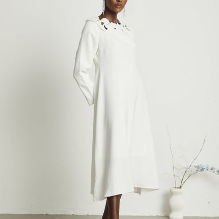 Rosalba White Floral Midi Dress A-Line Embroidery Cut-Out Long Sleeve Luxury Viscose Terylene