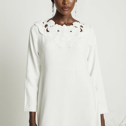 Rosalba White Floral Midi Dress with Cut-Out Design Long Sleeves A-Line Silhouette Rear Zip Fastening