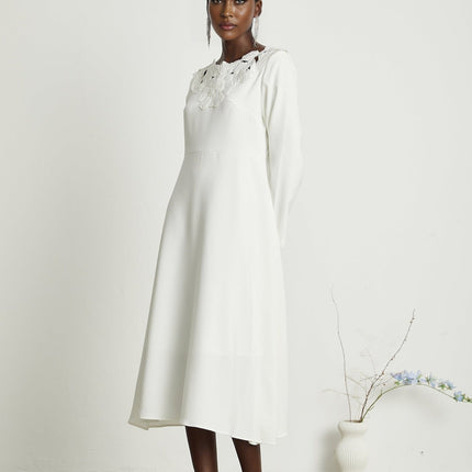 Rosalba White Floral Midi Dress with Intricate Embroidery and Cut-out Design