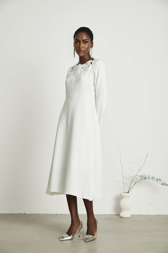 Rosalba White Floral Midi Dress with Intricate Embroidery and Cut-out Design