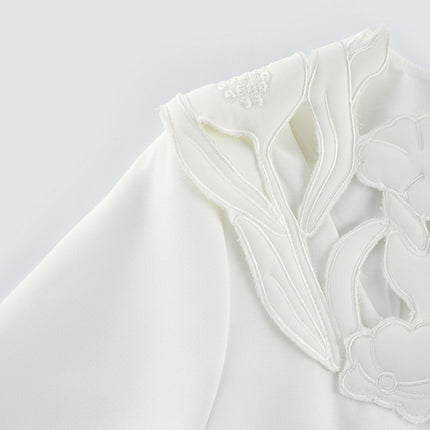 Rosalba White Floral Midi Dress A-line Embroidery Cut-out Long Sleeves Zip Fastening Viscose Terylene