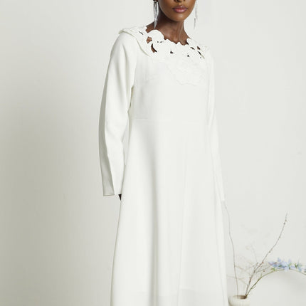 Rosalba White Floral Midi Dress A-Line Long Sleeve Embroidered Cut-Out Design