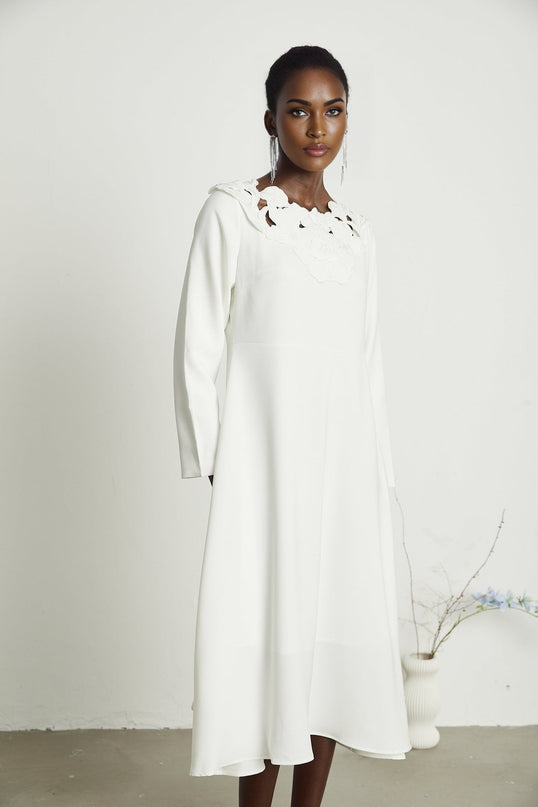 Rosalba White Floral Midi Dress A-Line Long Sleeve Embroidered Cut-Out Design