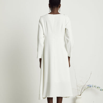 Rosalba White Floral Midi Dress A-line Embroidery Cut-out Long Sleeves Luxury Quality Viscose Terylene
