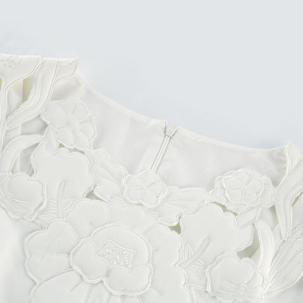 Rosalba White Floral Midi Dress A-line Embroidery Cut-out Long Sleeves Zip Fastening