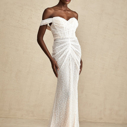Rosalba White Sequin Off-shoulder Maxi Dress