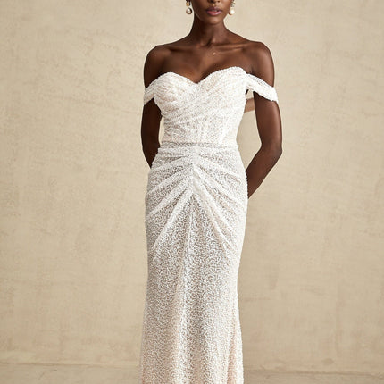 Rosalba White Sequin Off-shoulder Maxi Dress