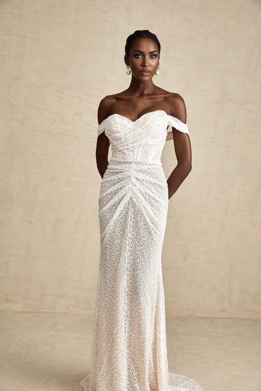 Rosalba White Sequin Off-shoulder Maxi Dress