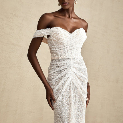 Rosalba White Sequin Off-shoulder Maxi Dress