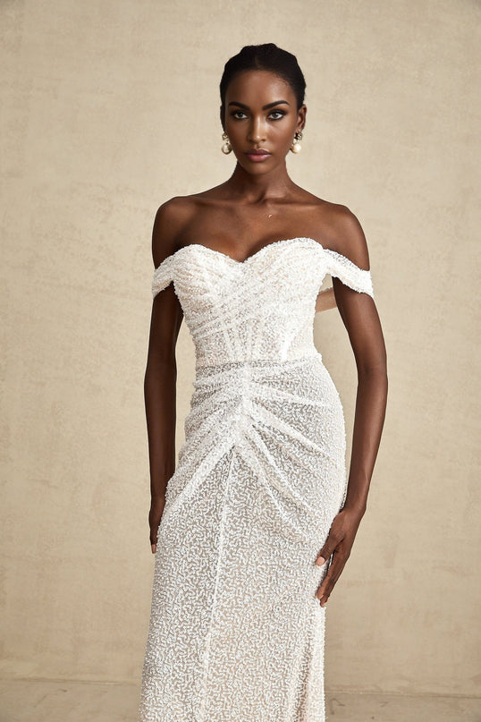 Rosalba White Sequin Off-shoulder Maxi Dress