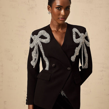 Rosalia Black Crystal Embellished Bow Motif Blazer