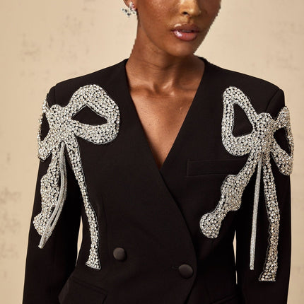Rosalia Black Crystal Embellished Bow Motif Blazer