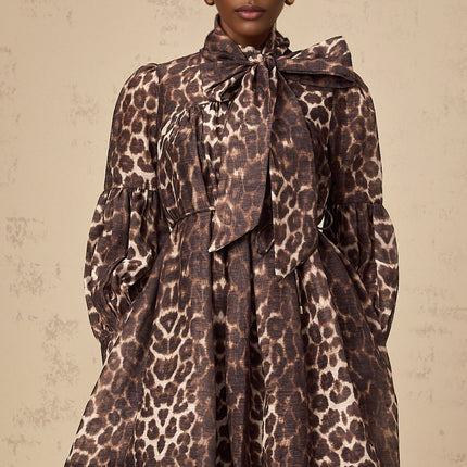 Rosalia Brown Leopard Print Mini Dress Bow-Tie Waist Terylene Fiber