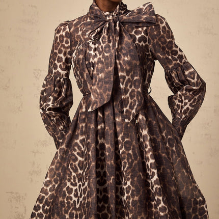 Rosalia Brown Leopard Print Mini Dress with Bow Tie and Tied Waist