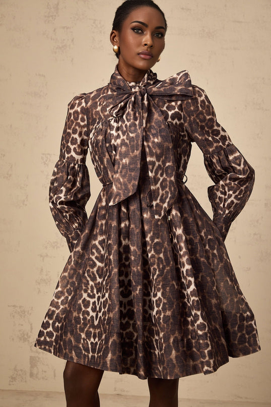 Rosalia Brown Leopard Print Mini Dress with Bow Tie and Tied Waist