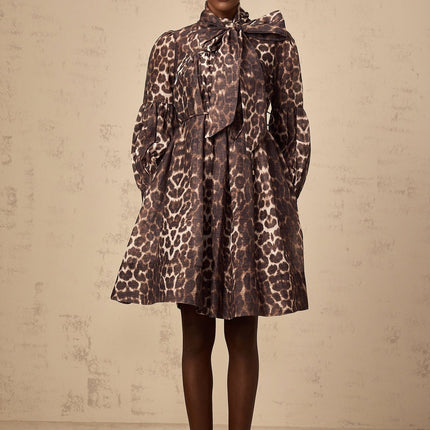 Rosalia Brown Leopard Print Mini Dress with Bow Tie Neck and Tied Waist