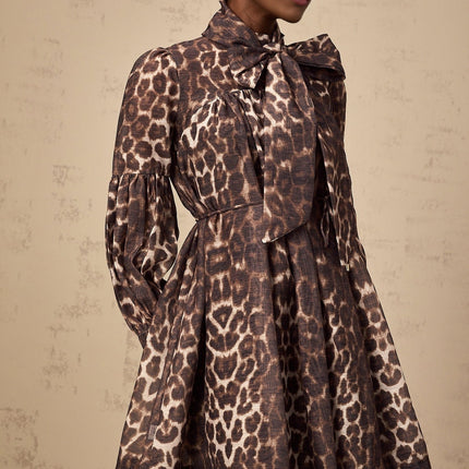 Rosalia Brown Leopard Print Mini Dress with Neck Bow-Tie Design