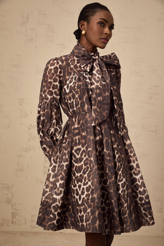 Rosalia Brown Leopard Print Mini Dress with Neck Bow-Tie Design