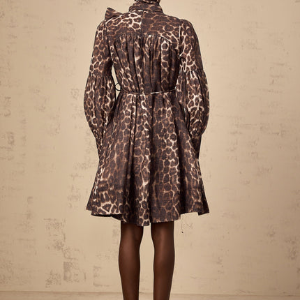 Rosalia Brown Leopard Print Mini Dress with Neck Bow-Tie Design